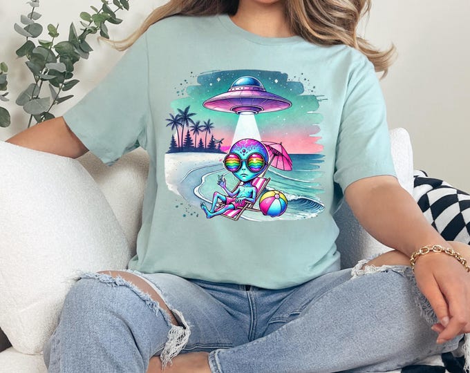 Parody Psychedelic Alien UFO Beach T-Shirt: Unisex Trippy Space Graphic Tee for Extraterrestrial Lovers