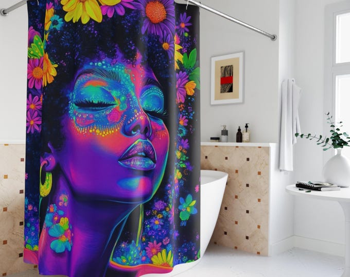 Neon Black Girl Afro Shower Curtain - Black Girl Magic Y2K Bathroom Decor, African American History, Black Woman Art, Neon Butterflies,