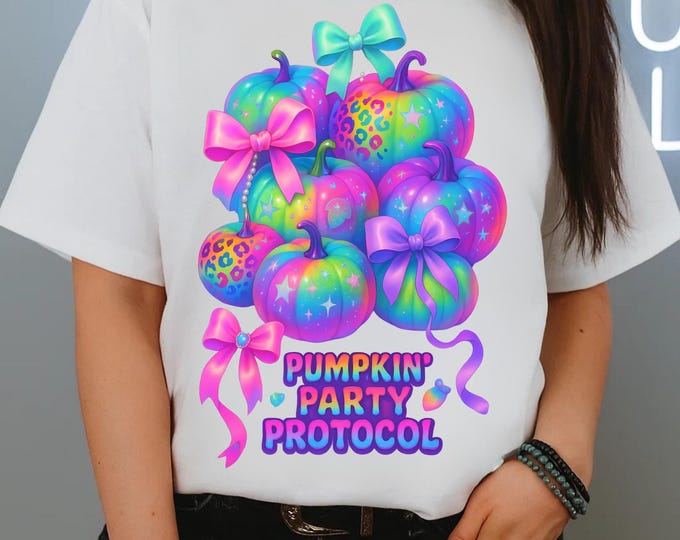 Y2K Neon Pumpkin Party Protocol Tee: Vibrant Autumn Graphic Shirt for Halloween Celebrations