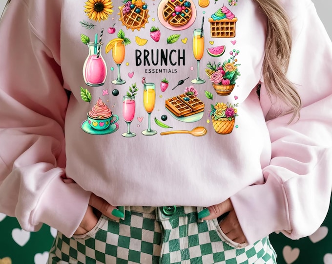Parody Brunch Essentials Unisex Sweatshirt: Mimosa, Pancake, and Orange Juice Doodle Design
