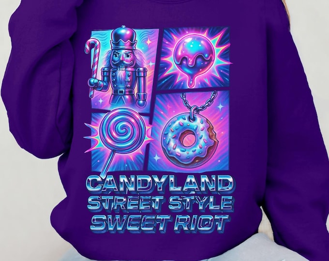 Candyland-Inspired Cozy Crewneck | Unisex Graphic Sweatshirt | Quirky Sweet Fashion Gift