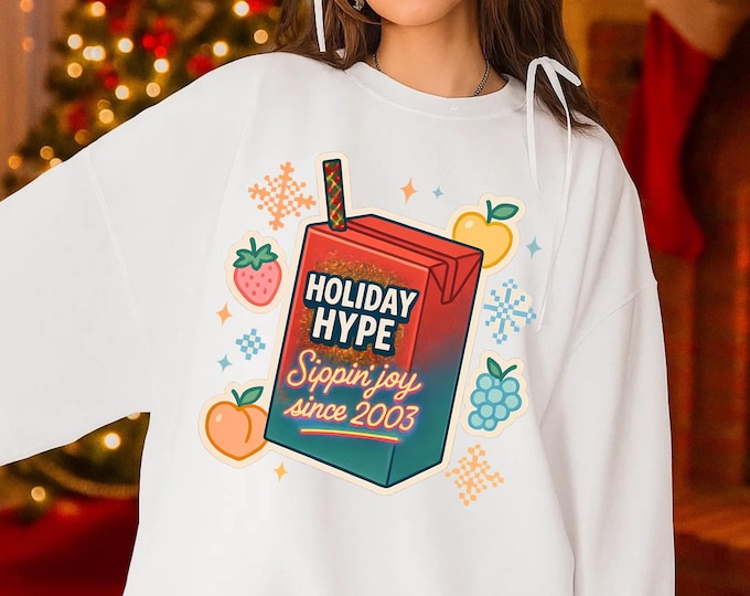 Festive Crewneck Sweatshirt with "Holiday Hype" Design, Cozy Winter Apparel, Unisex Gift for Christmas, Thanksgiving, and Seasonal [...]