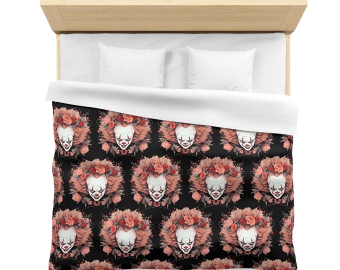 Parody Whimsical Clown Floral Microfiber Duvet Cover: Spooky Halloween Bedding for Horror Enthusiasts