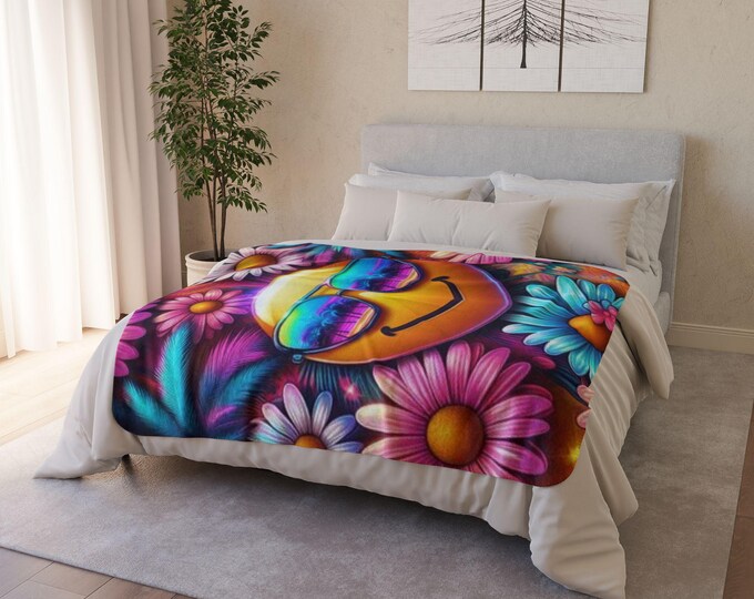 Daisy Smiley Face Fleece Blanket: Neon Floral Throw