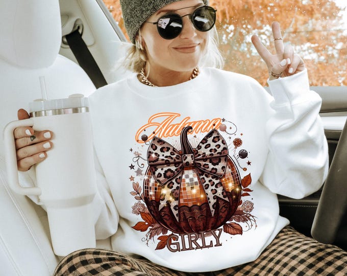 Girly Disco Pumpkin Sweatshirt: Leopard Bow, Thanksgiving Fall Jumper