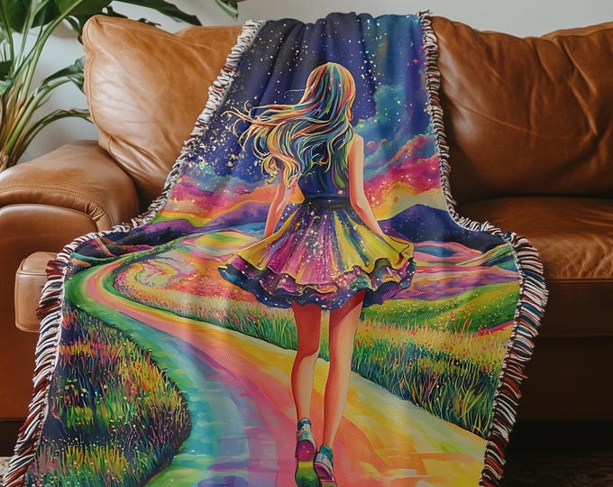 Vibrant Psychedelic Rainbow Road Personalized Woven Blanket: Whimsical Starry Night Fantasy Landscape Bedding
