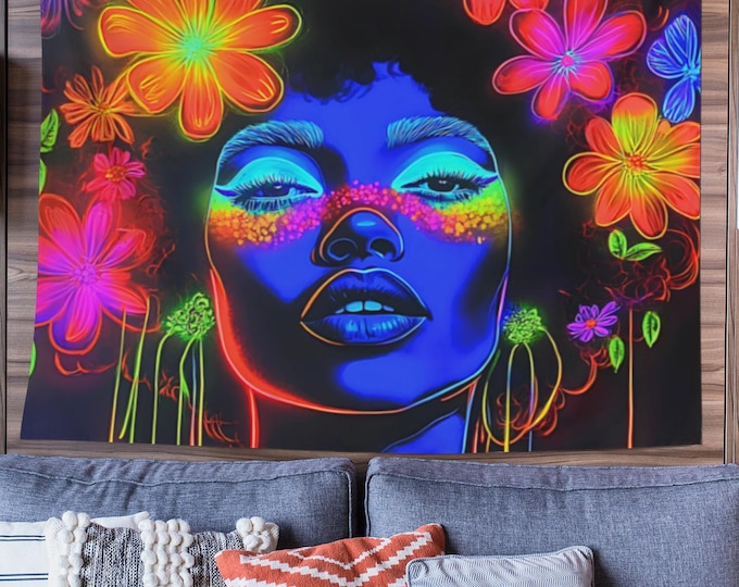 Personalized Neon Floral Black History Month Wall Tapestry: Elegant Women Melting Flower Art Decor