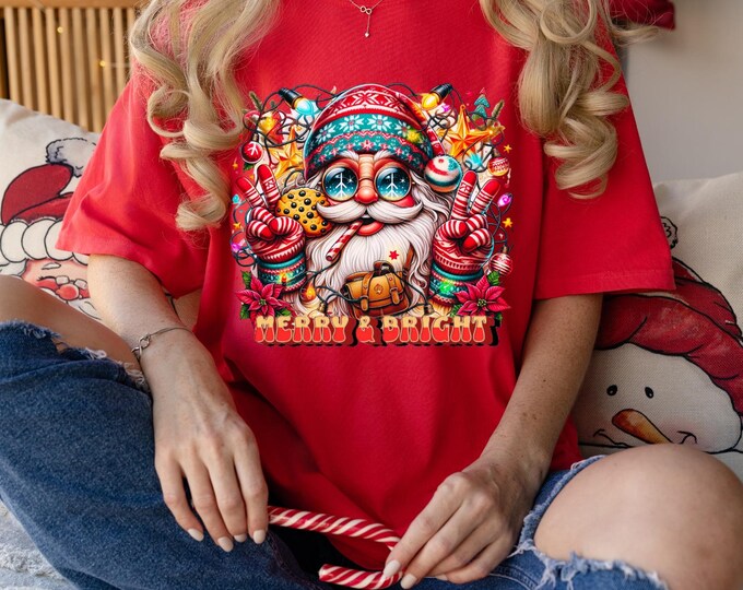 Parody Customizable Merry & Bright Santa Hippie T-Shirt: Funky Festive Holiday Apparel for Christmas Lovers