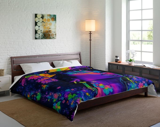 Comforter, Neon Black Girl Afro Neon Butterflies Magic, Y2K - Afrocentric Bedding, Black Queen Size Quilt, African American Home Decor, Boho
