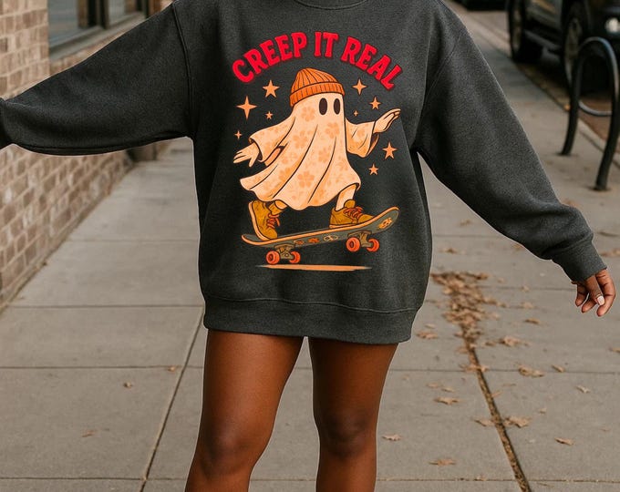 Parody Spooky Skate Ghost Halloween Crewneck: Unisex Fall Fashion Cozy Casual Wear Trendy Gift