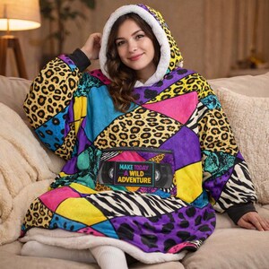 Y2K Patchwork Bärbar Filt Sweatshirt Retro Mysig Lounge Hoodie Överdimensionerad Sherpa 2000-tals Nostalgi Gåva