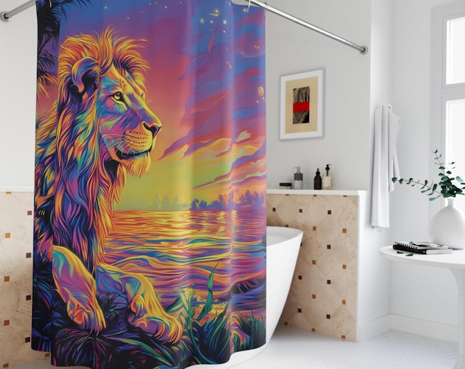 Neon Lion Shower Curtains - Unique Bathroom Decor, Colorful Animal Print Home Accessories, Jungle Themed Bath Curtain, Large Cat Lover Gift,