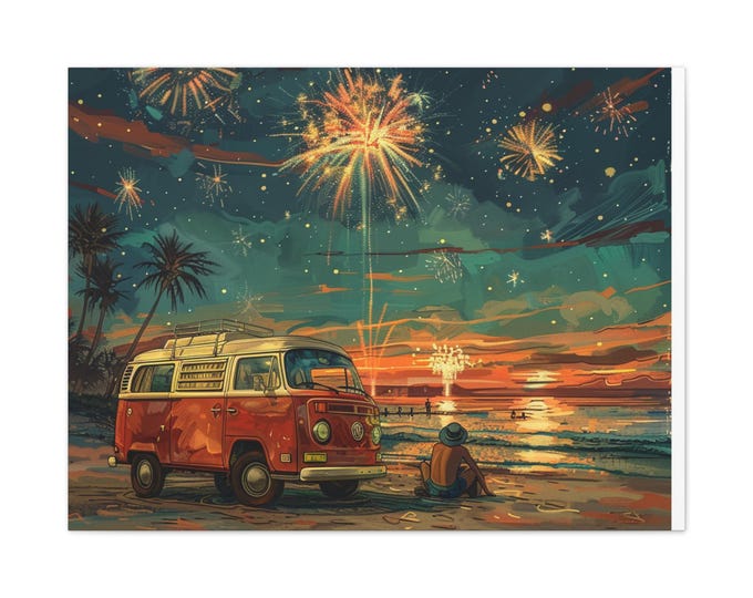 Parody Retro Van Fireworks Canvas Art, Bohemian Wall Decor, Summer Vibes Artwork, Beach House Decor, Sunset Party Decor, Gift Idea