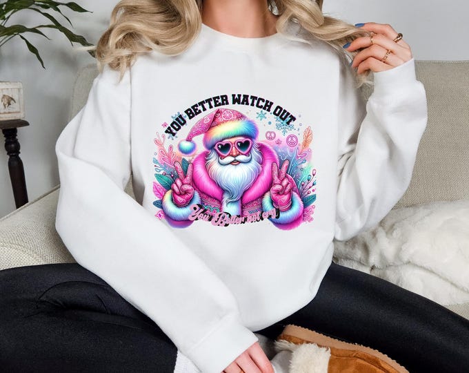 Parody Personalized Neon Hippie Santa Sweatshirt: Vibrant Psychedelic Christmas Peace Sign Jumper