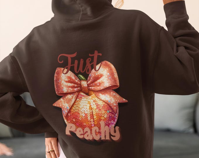 Peachy Fruit Hoodie: Sequined Art, Rose Gold Bow, Coquette Style