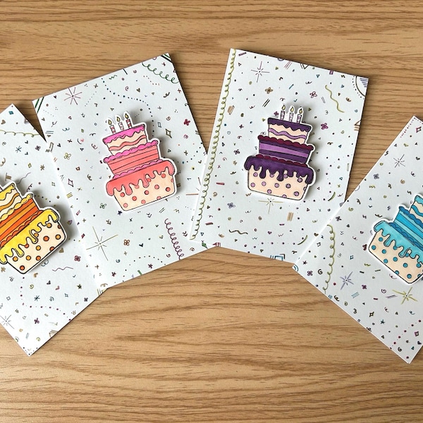 Juego de tarjetas de cumpleaños con diseño de pastel en 3D - Hechas a mano