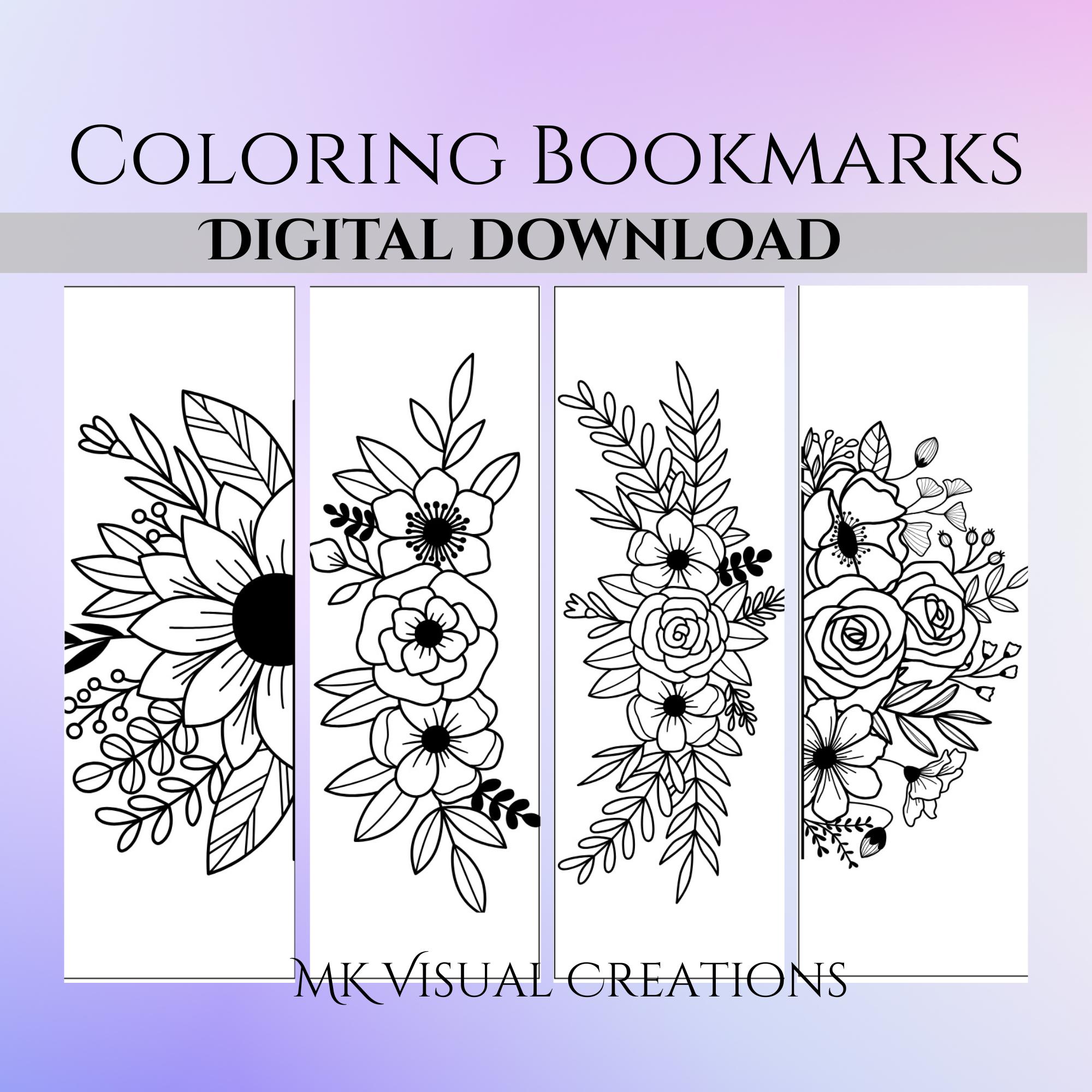 Flower Coloring Bookmarks, Set of 4 Printable Bookmarks- Digital Download