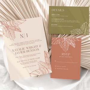 Tropische Hochzeitseinladung Set | Bunte Retro minimalistische Palmenblätter | der Cabana-Kollektion | Canva Vorlage | Digitaler Download