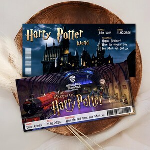 May include: Two Harry Potter tickets. One shows Hogwarts Castle and the words "Harry Potter World." The other features a train and the words "The Making of Harry Potter." Both tickets include names, dates, and personal messages.