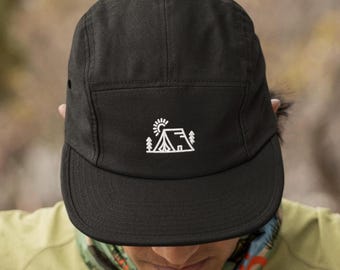 Tent and Trees 5 Panel Hat, Embroidered Hat, Baseball Hat for Campers, Hiking Hat, Running Hat, Camping Hat, Outdoor Gift for Him, Mens Hat