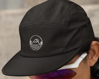 Mountain 5 Panel Hat, Hiking Hat, Mountain Gift, Running Hat, Embroidered Five Panel, Outdoor Gift for Him, Adventure Camping 5-panel Cap
