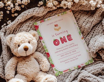 Berry First Birthday Invitation Template, Strawberry Theme (Canva Editable)