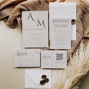 Minimalistische huwelijksuitnodigingbundel QR-code, minimale uitnodigingssjabloonset, moderne uitnodigingssuite, elegante online RSVP, detailkaart