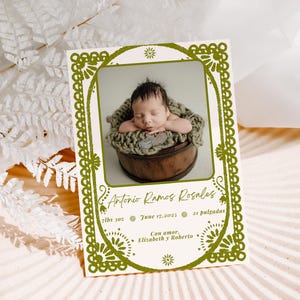 Sjabloon geboortekaartje pasgeboren baby, geboortekaart afdrukbare foto, terracotta kaart geboortestatistieken, beige geboortekaartje