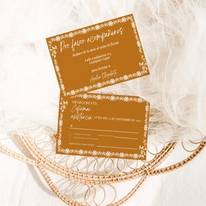 Cielito Lindo RSVP Card, Detail Light Brown Talavera Papel Picado Card, Party Detail Event Card, Spanish & English Template, 4x2in Template