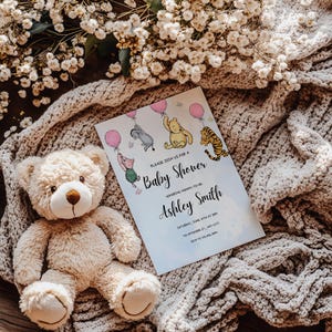 Winnie the Pooh Baby Shower Invitations, Pink Winnie The Pooh Balloon Invite, Digital Template, Instant Download, Canva Template 5x7in