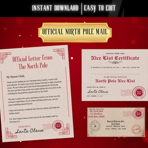 Carta oficial de Papá Noel, certificado de buena suerte, sobre navideño personalizado del Polo Norte, plantilla imprimible, paquete editable de Papá Noel