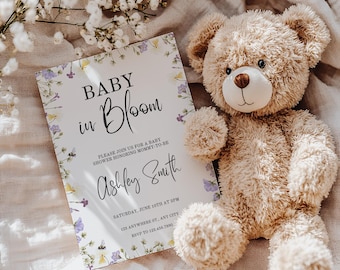 Baby in Bloom-uitnodiging, uitnodiging babyshower wilde bloemen (digitale download)