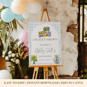 Locally Grown Baby Shower Welcome Sign, Editable Farmers Market Baby Shower, Blue Floral Baby Shower,