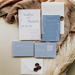 Floral Dusty Blue Minimalist Wedding Invitation Bundle Editable Templates, Wedding Invite Suite RSVP with QR Code, Instant Download