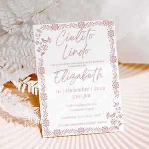 Invitación de Primera Comunión Rosa Cielito Lindo, Mi Primera Comunión Talavera Mexicana Rosa Empolvado Diseño de Talavera Personalizable Inglés y Español