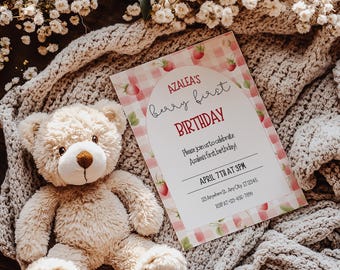 Strawberry First Birthday Invitation: Pink Gingham, Editable Template