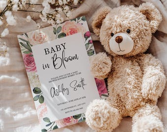Baby in Bloom-uitnodiging, roze bloemen babyshoweruitnodiging (digitale download)