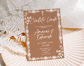 May include: A brown wedding invitation with a white floral border and the text "Cielito Lindo" in a cursive font. The invitation includes the names "Amarai & Eduardo" and the date "10 | Mayo | 2025".