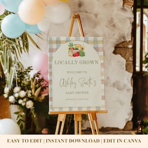 Locally Grown Baby Shower Welcome Sign, Farmers Market Baby Shower Sign, Vegetable and Fruit Baby Shower Welcome Poster Sign, Green & Brown