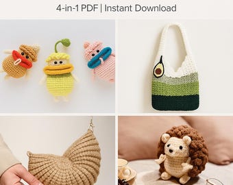 Crochet Pattern Bundle: Hedgehog, Keychain, Handbag & Shell Bag (PDF)
