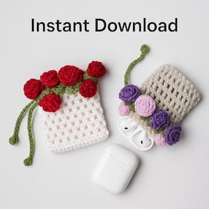 Crochet Rose Pouch Pattern: Floral Drawstring Bag, AirPods Case (PDF Pattern)