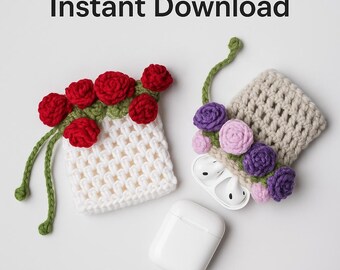 Crochet Rose Pouch Pattern: Floral Drawstring Bag, AirPods Case (PDF Pattern)