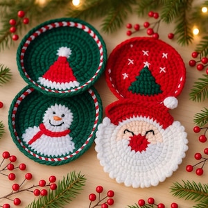 Crochet Christmas Coaster Pattern Bundle 4 in 1: Santa, Snowman, Tree, Hat (PDF Pattern)