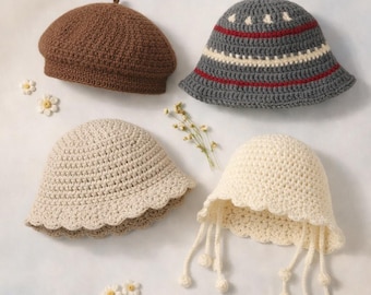 Crochet Hat Pattern Bundle, Beret, Bucket & Jellyfish Hats (PDF Pattern)