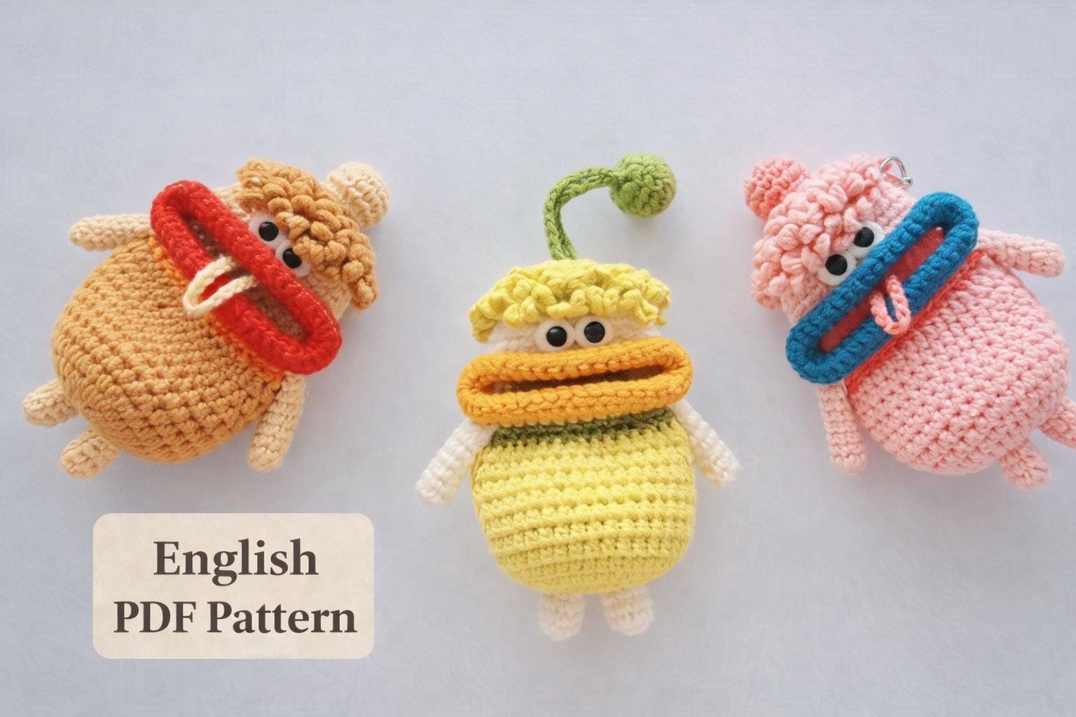 モンスターのかぎ針編みパターンPDF | 編みぐるみキーホルダーポーチの