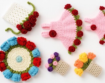 Crochet Flower Pattern Bundle: Rose Dress, Tulip Coasters (PDF Download)