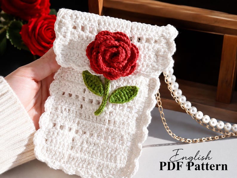 Rose Flap Phone Pouch crochet pattern listing photo by CrochetHobbyArt