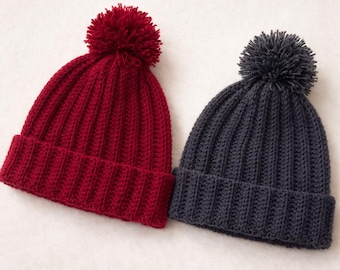 Ribbed Pom-Pom Beanie Crochet Pattern | Folded Cuff | Adult Size | Digital PDF Download