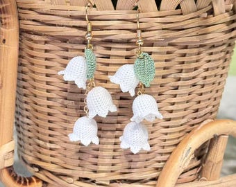Micro Crochet Lily of the Valley Earrings: Floral Dangle, Gold Chain