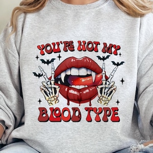 Not My Blood Type Halloween Crewneck Vampire Sweatshirt Halloween Gift Womens Pullover Spooky Season Vampire Fangs Skeleton Sweatshirt